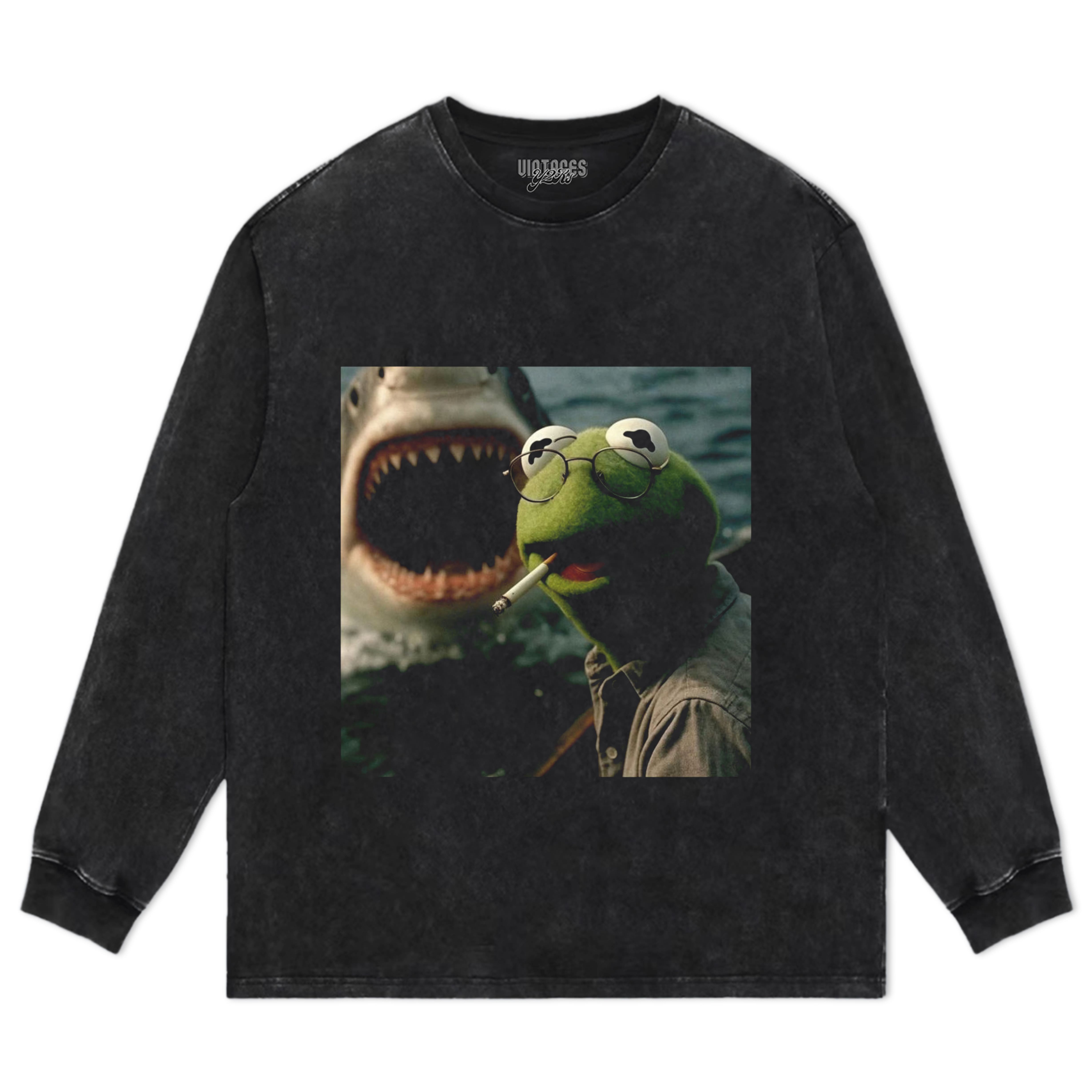 CHILL FROG PUPPET SMOKING WITH GIANT SHARK MEME TEE & LS & HOODIE