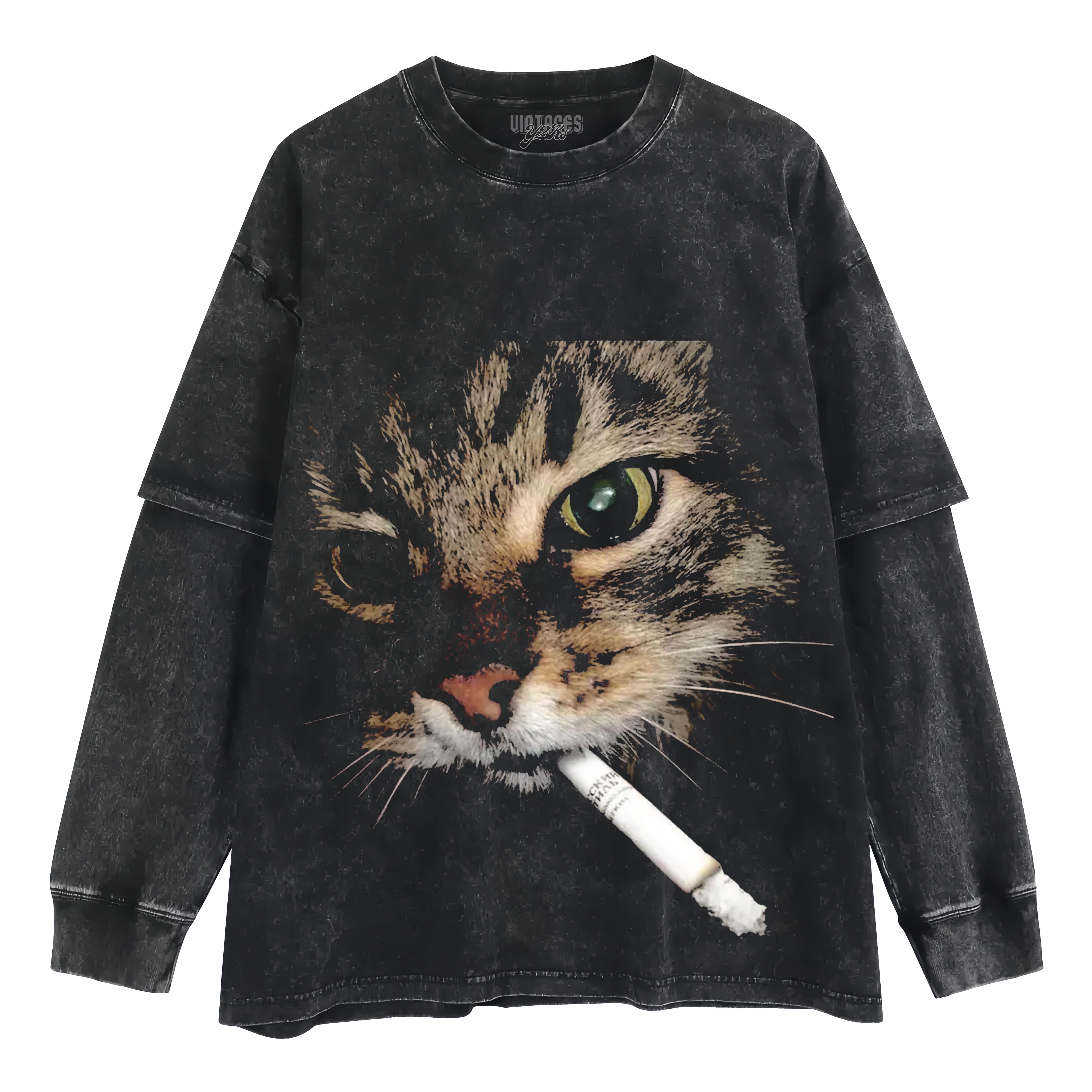FUNNY CAT SMOKING COMFORT COLORS LAYERED LONG SLEEVE