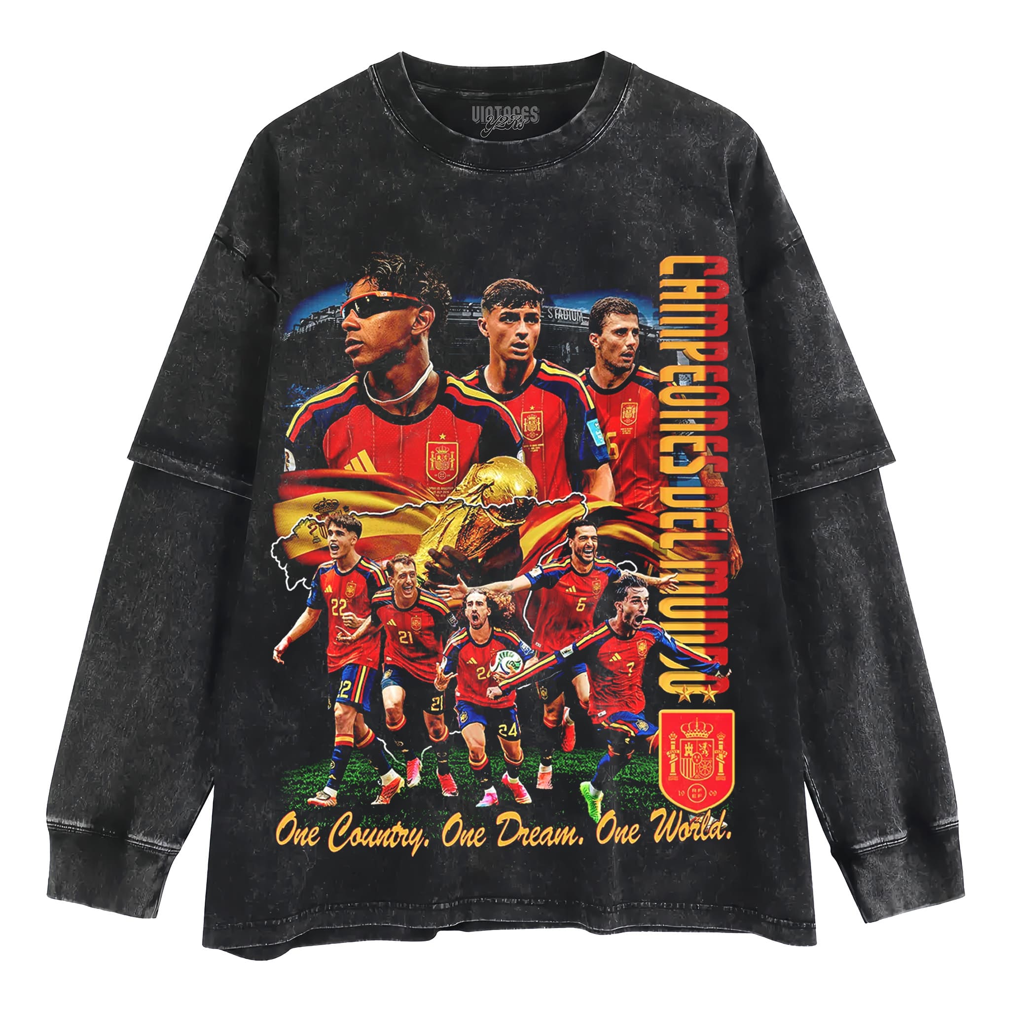 ESPAÑA WORLD CHAMPIONS WASHED BLACK TANK TOP & TEE & LONG SLEEVE & LAYERED LS & HOODIE