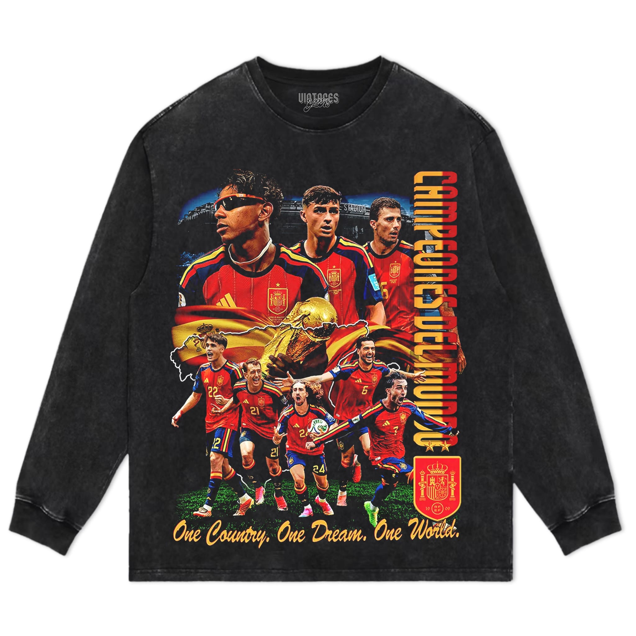 ESPAÑA WORLD CHAMPIONS WASHED BLACK TANK TOP & TEE & LONG SLEEVE & LAYERED LS & HOODIE