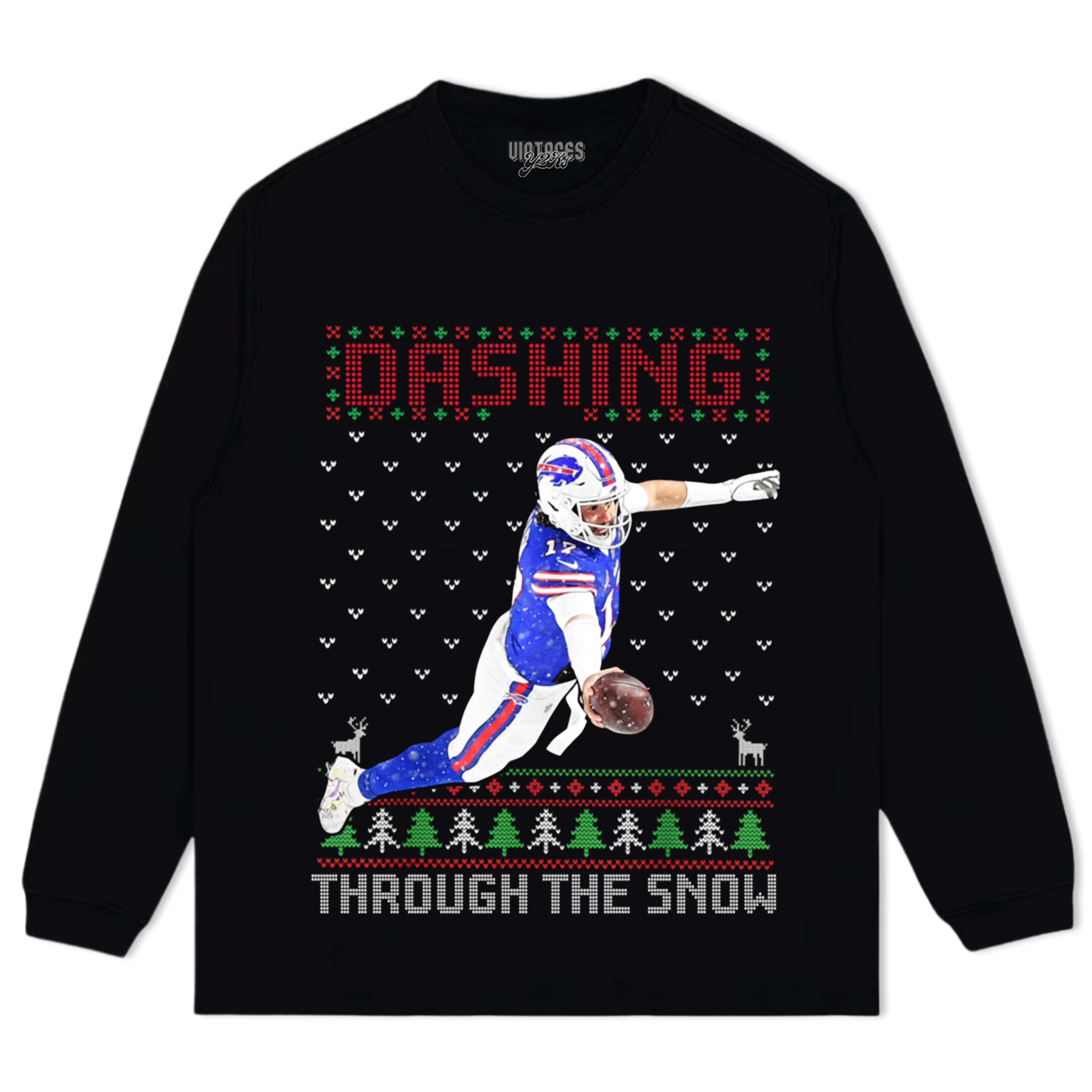 JOSH ALLEN DASHING THROUGH THE SNOW BUFFALO BILLS TEE & LS & HOODIE
