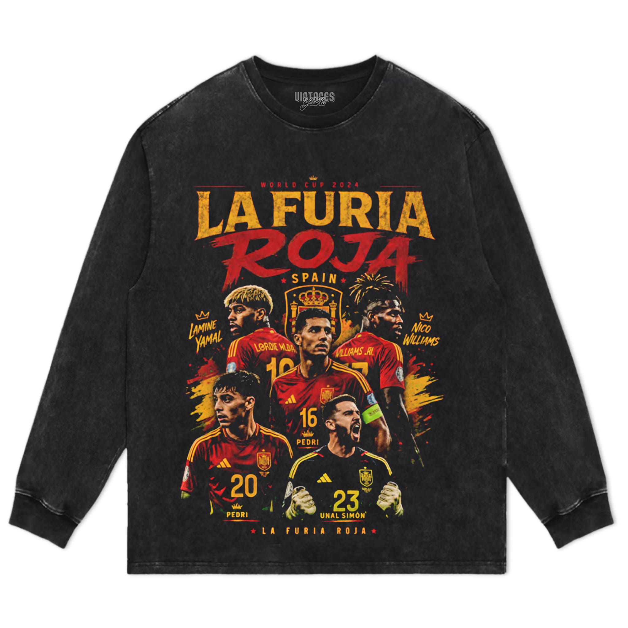 LA FURIA ROJA SPAIN FOOTBALL VINTAGE 2026 SOCCER DESIGN TANK TOP & TEE & LONG SLEEVE & LAYERED LS & HOODIE