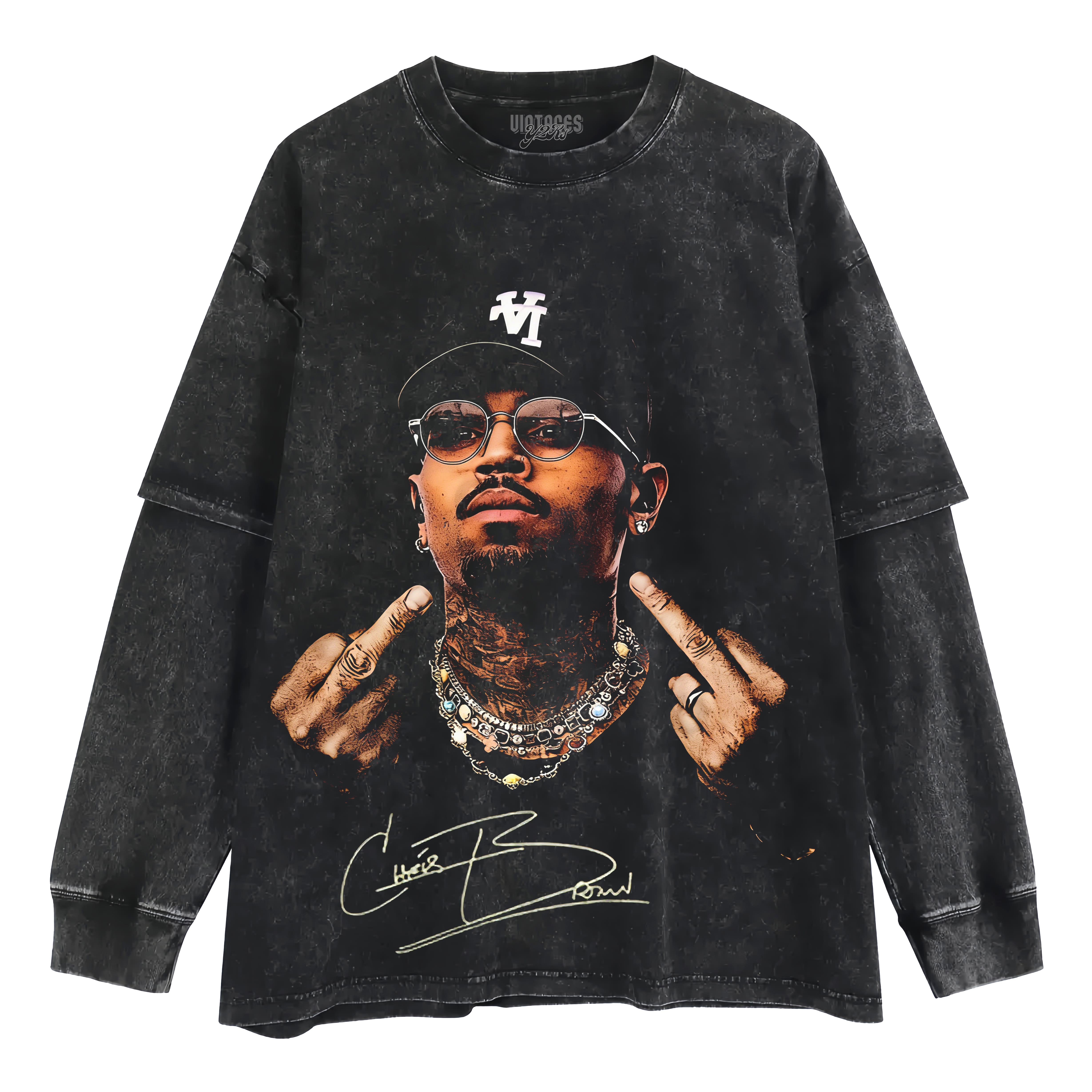 VINTAGE CHRIS BROWN MIDDLE FINGER LAYERED LONG SLEEVE