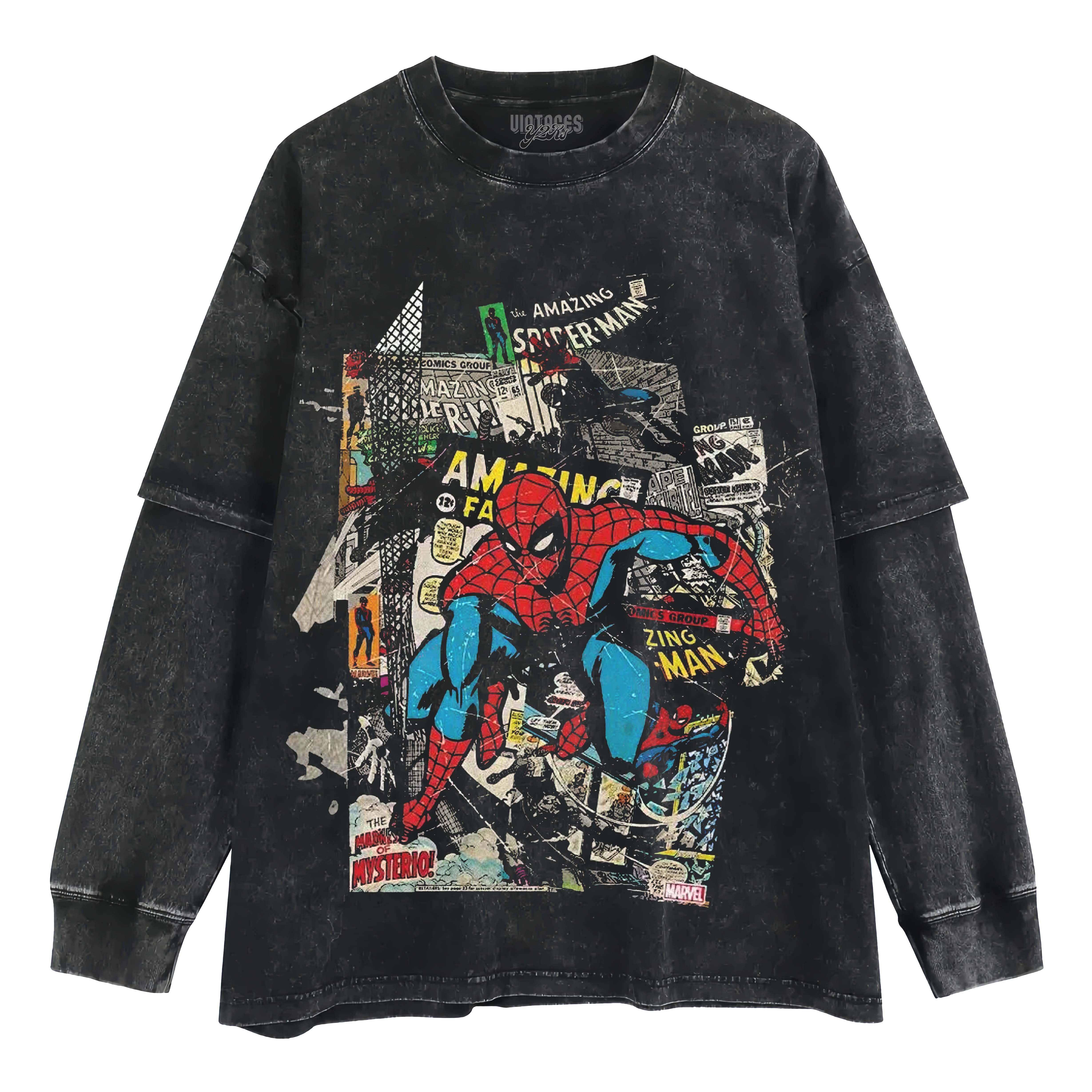 VINTAGE WASHED MARVEL SPIDER MAN COMIC COLLAGE LAYERED LONG SLEEVE