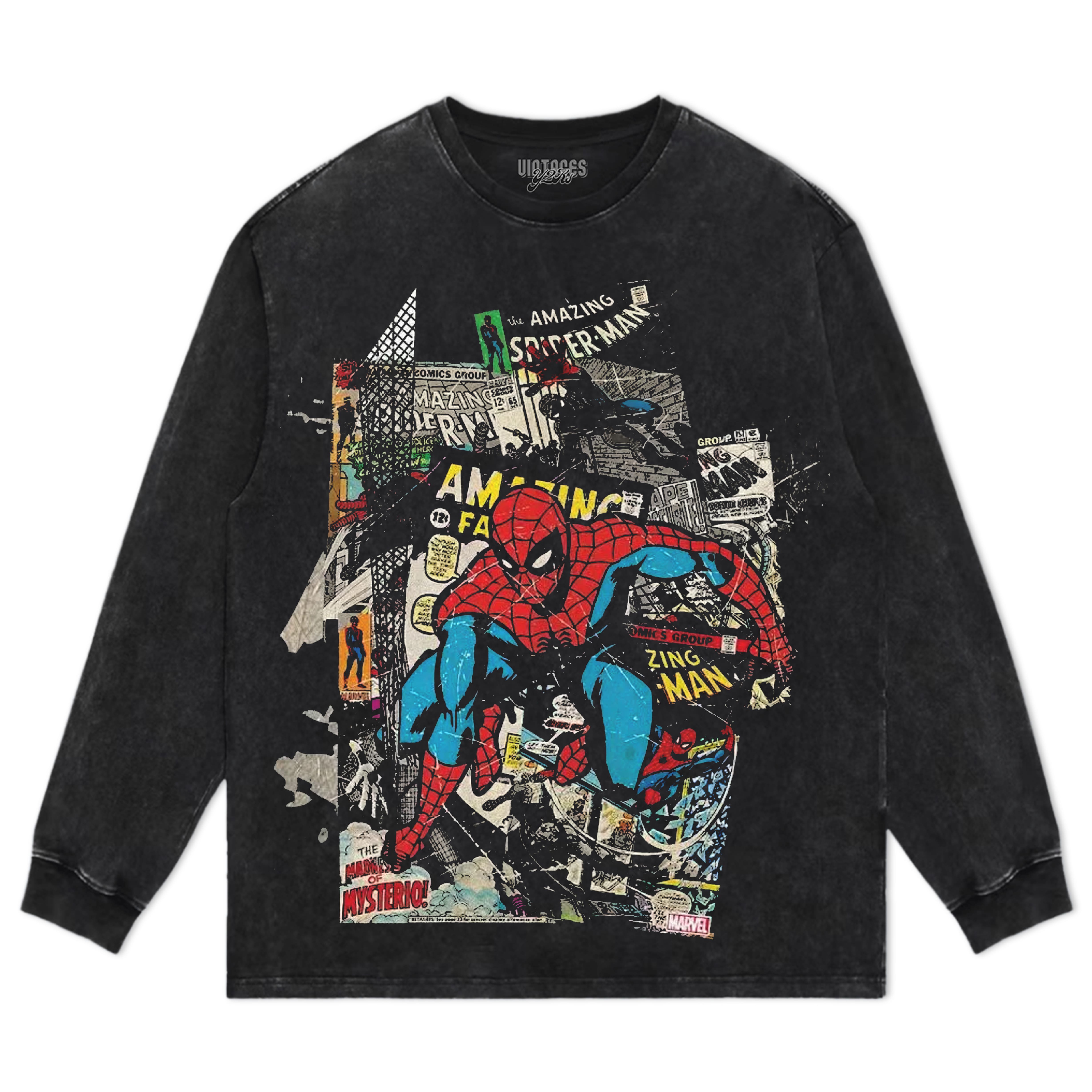 VINTAGE WASHED MARVEL SPIDER MAN COMIC COLLAGE TEE & LS & HOODIE