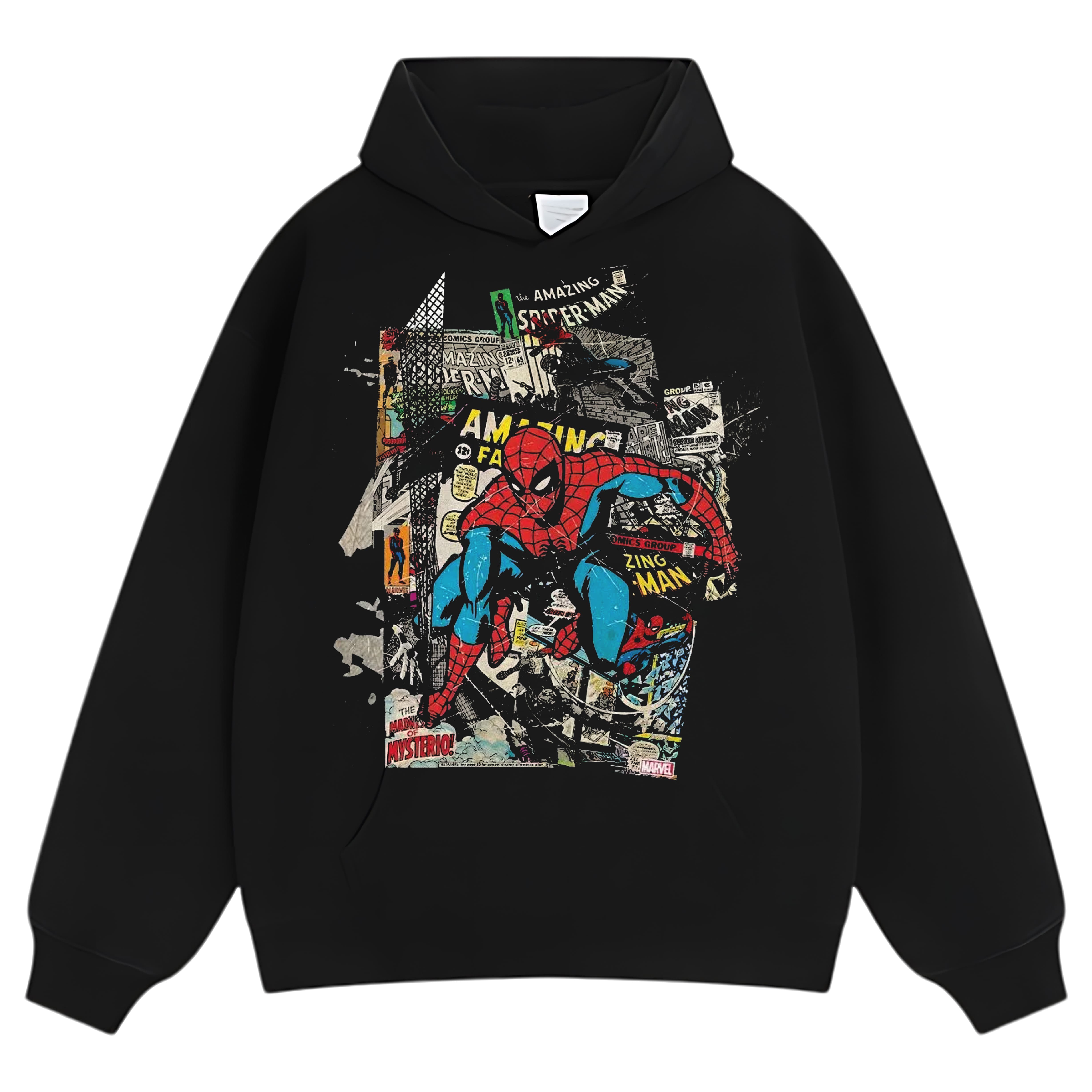 VINTAGE WASHED MARVEL SPIDER MAN COMIC COLLAGE TEE & LS & HOODIE